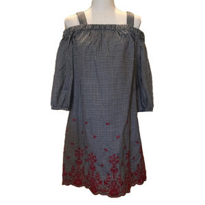 NEW Gingham and Embroidered Cold Shoulder Dress!